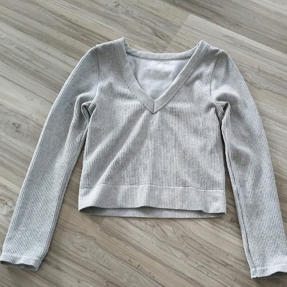 Gray V-Neck Ribbed Sweater